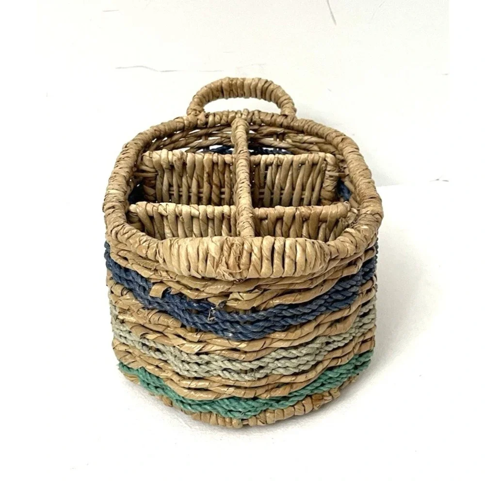 Handwoven Wicker Basket Caddy Divided Natural & Blues Handles Utensil Bottles